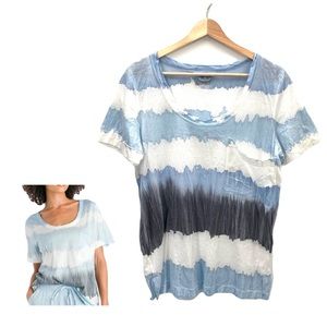 Hard Tail Blue and White Brushstroke Slouchy Scoop Neck T-Shirt Size Small